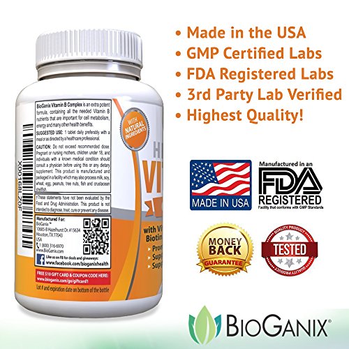 Bioganix Vitamin B Complex Supplement, Vitamin B12, B1, B2, B3, B5, B6, B7 Biotin & B9 Folic Acid, Vegan High Potency Capsules to Boost Energy, Weight Loss, Metabolism, Skin, Hair & Eyes (50 Capsules)
