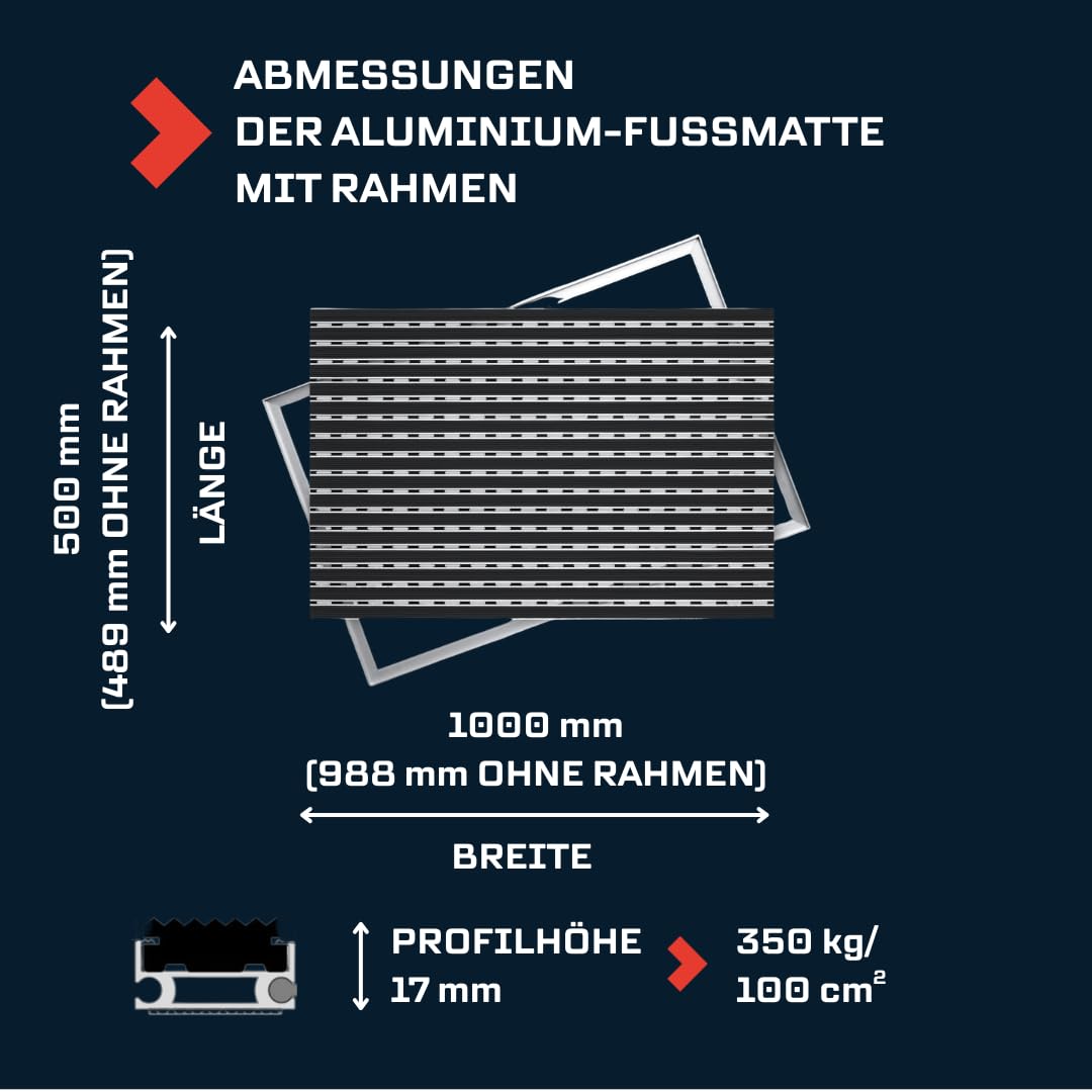 Aluminium Fußmatte für Türen mit Rahmen, 100x50 cm, Verstärkt 17 mm, Gummi-Einlage, Objektgeeignete Eingangsmatte für Innen & Außen, Witterungsbeständig, Schwarz