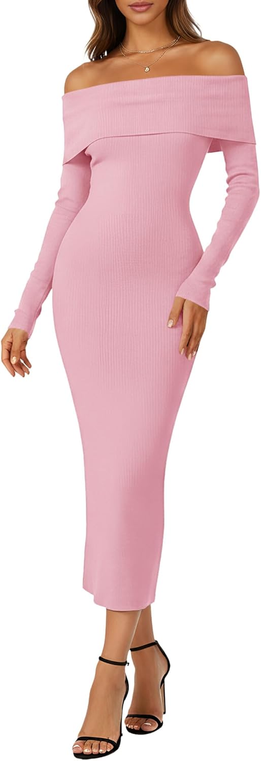 Women's Off Shoulder Bodycon Sweater Dress Long Sleeve Fall Maxi Dress Elegant Cocktail Party Long Dresses