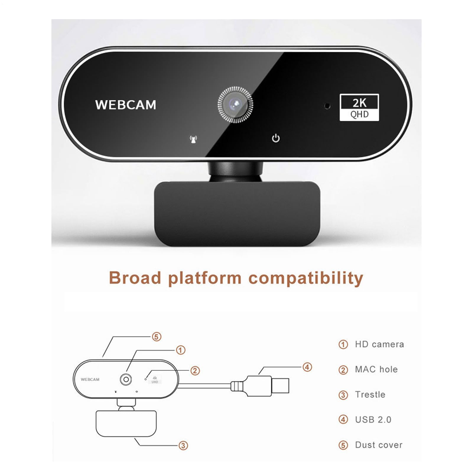 Webcam 4k per PC, webcam wireless 4k HD, telecamera monitor ad alta definizione, chiamate e riunioni aziendali, compatibile con laptop e desktop, streaming di giochi, videoconferenza, compatibile con
