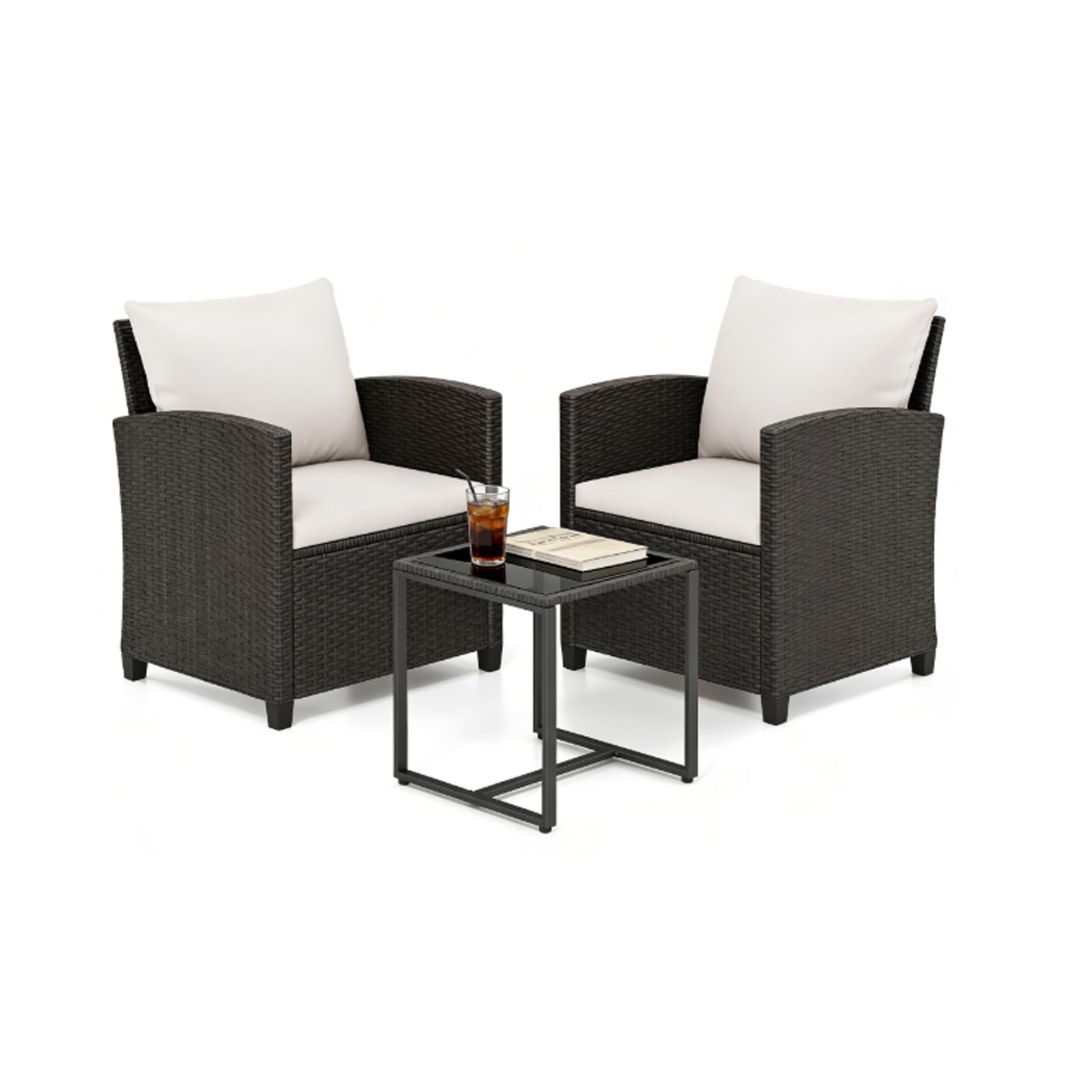 LIFEZEAL - Juego de salón de jardín para 2 personas, muebles de exterior de ratán PE con 2 sillones, cojines y mesa auxiliar de cristal templado, 3 piezas para balcón, terraza (negro+beige)