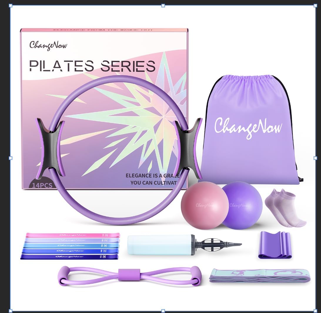 14Pcs Pilates Kit for Women, Pilates Equipment for Home Workouts, Pilates Accessories with Pilates Ring & Ball Set, Pump, Booty Bands, Figure 8 Resistance Band, Yoga Bands for Stretching (Dark Purple)