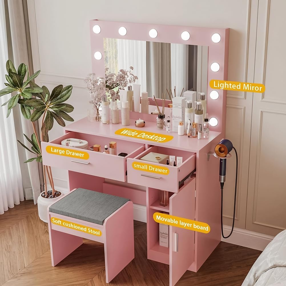 Makeup Vanity Desk with Lighted Mirror - Solid Wood Dressing Table Includes Stool, USB Charging Port and Secret Storage Compartment,Pink