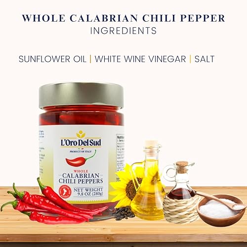 Miniatura 4 de L'Oro Del Sud Pimientos enteros de Calabria certificados auténticos, chiles enteros en aceite, 9.8 oz (280 g), cultivados y envasados en Calabria,