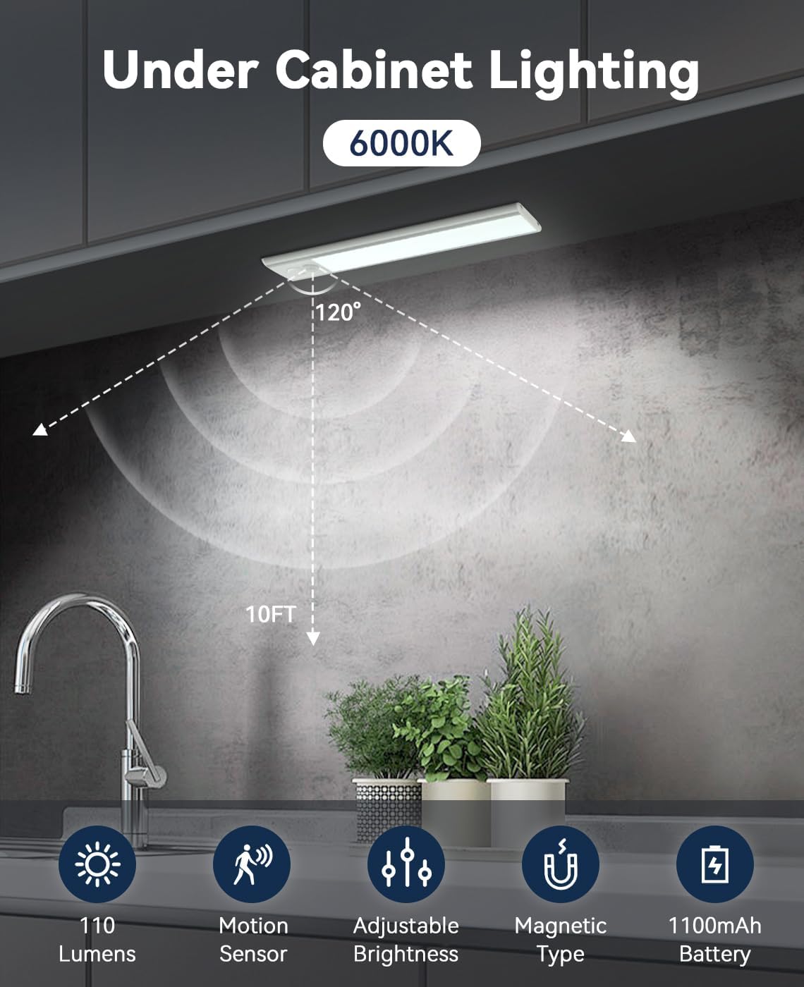 Under Counter Lights for Kitchen, Dimmable Magnetic Motion Sensor Under Cabinet Light, 1100 mAh Wireless LED Under Cabinet Lighting Rechargeable - Shelf, Closet, Stairs, Hallway