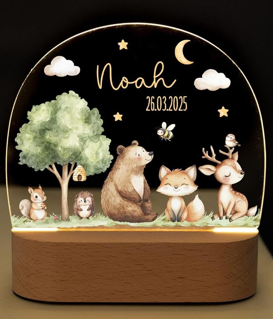 Bärenfreunde personalisiertes Nachtlicht für Babys, Nachttischlampe für Kinderzimmer, Babyzimmer, Nachttisch optional mit Akku und Fernbedienung als Geschenk für Kinder (Tiere Wald Mond Sterne)