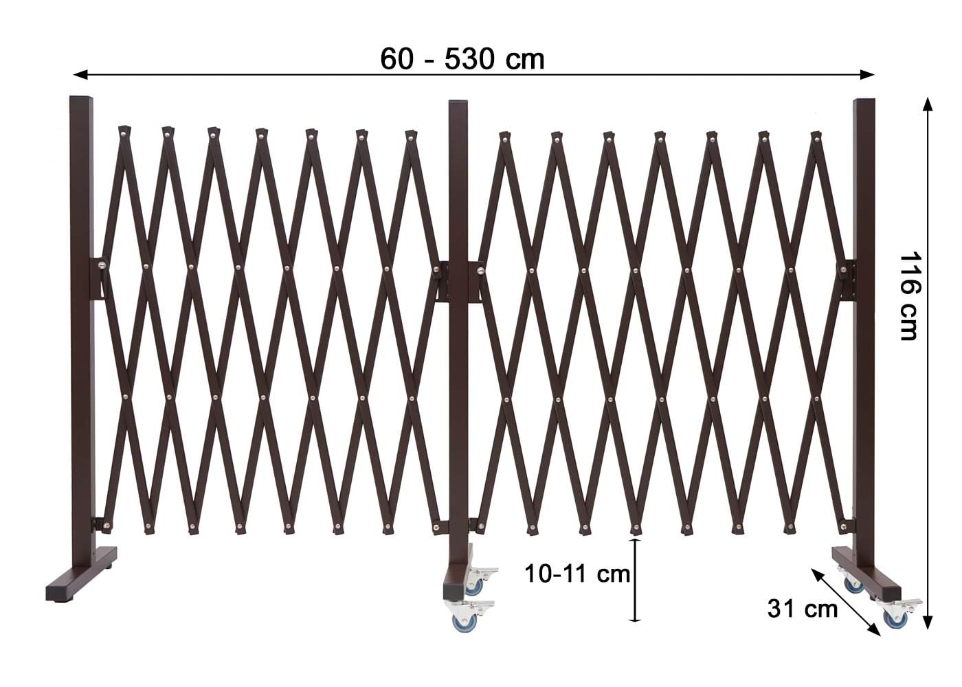 Absperrgitter HWC-B34AM, Zaun Scherengitter Trenngitter, Alu ausziehbar Laufrollen braun - Höhe 109cm, Breite 60-530cm