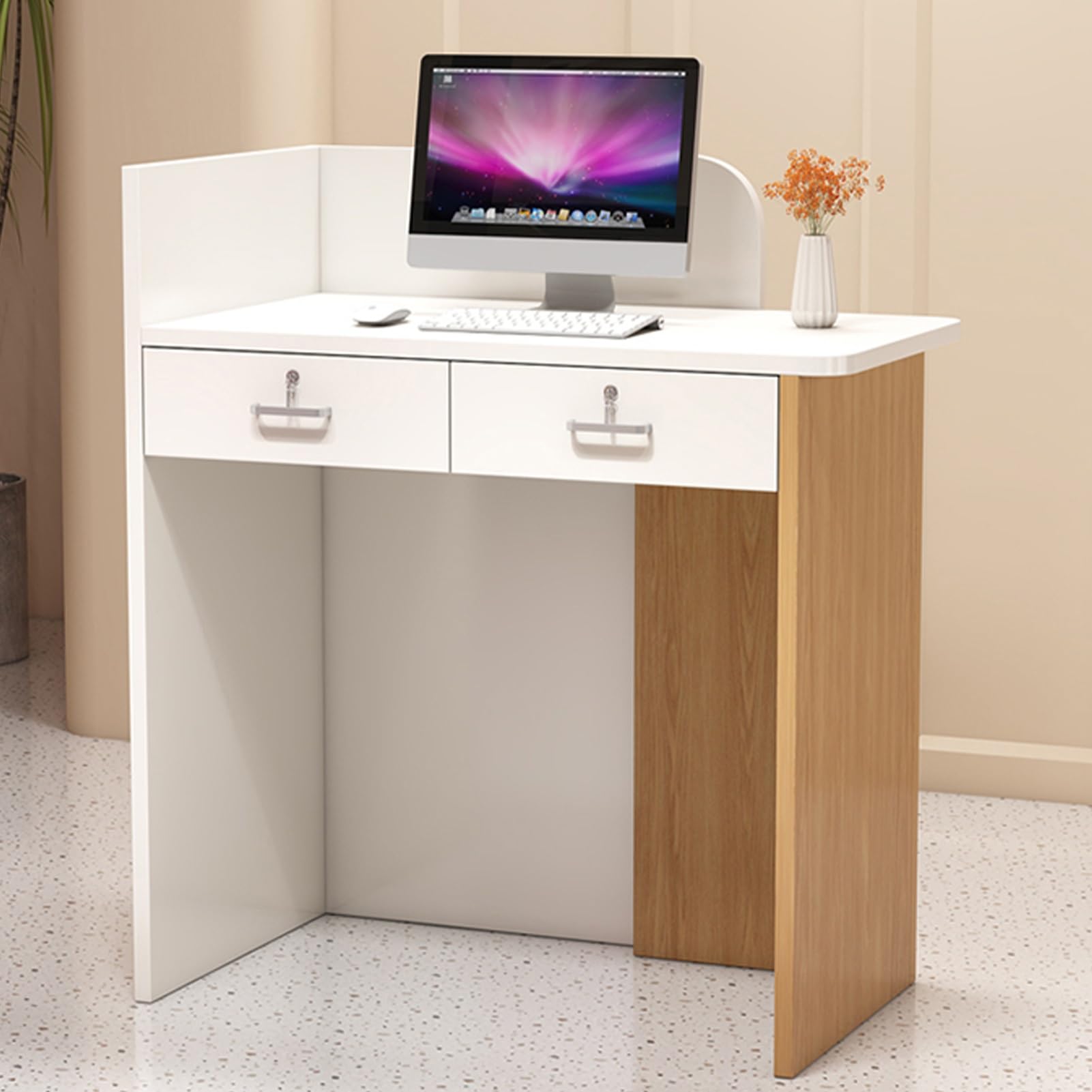Generico Elegante bancone Reception Moderno con cassetto e passacavi, bancone Cassa da 100 cm con parapetto, Marrone e Legno, bancone Front-End Funzionale per Uso commer