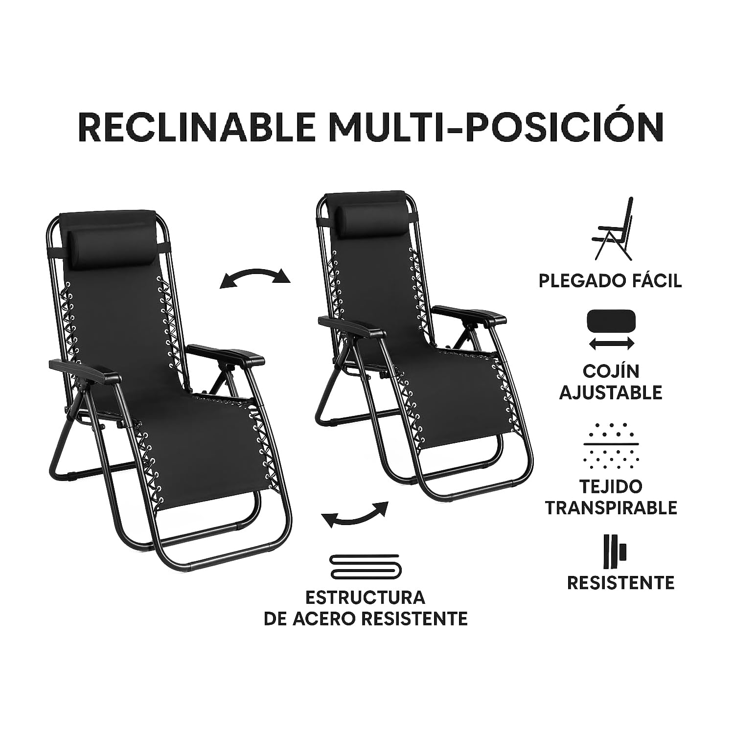TIENDA EURASIA – Pack 2 Tumbonas Plegables Reclinables para Jardín y Exterior | 95x65x105 cm | Estructura de Acero | Cojín Incluido | Tejido Transpirable | Multi-Posiciones (Negro)