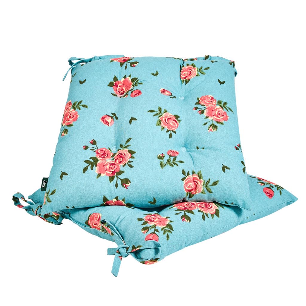 Dining Chair Seat Pad Set of 2 Tie On Floral Print Chair Cushions (Blue)