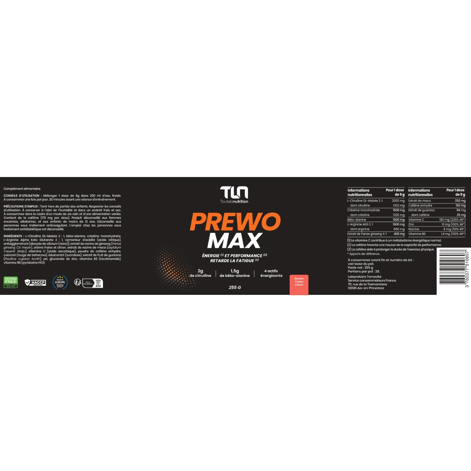 PREWO MAX | Pre-Workout avec Créatine, Caféine, Bêta-Alanine, Citrulline et Arginine | Énergie + Congestion Musculaire | Ginseng, Maca et Guarana | Saveur Fraise Citron | 255g de Poudre Vegan | TLN