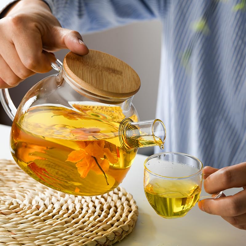 Cam Demlik Isıya Dayanıklı Vakumlu Bambu Kapaklı Borasilikat Teapot Sürahi Bitki Çayı Demliği Kendinden Süzgeçli 1000 ML