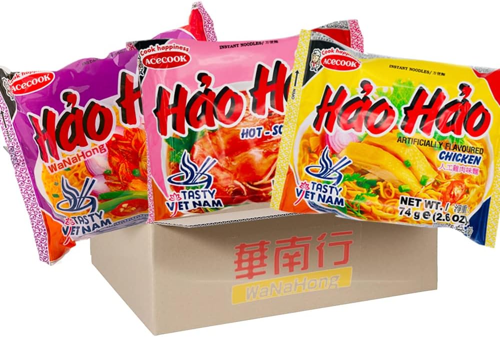WaNaHong Acecook Hao Hao Instant Noodles 30 Packs | Chicken, Hot & Sour Shrimp, Sate Onion