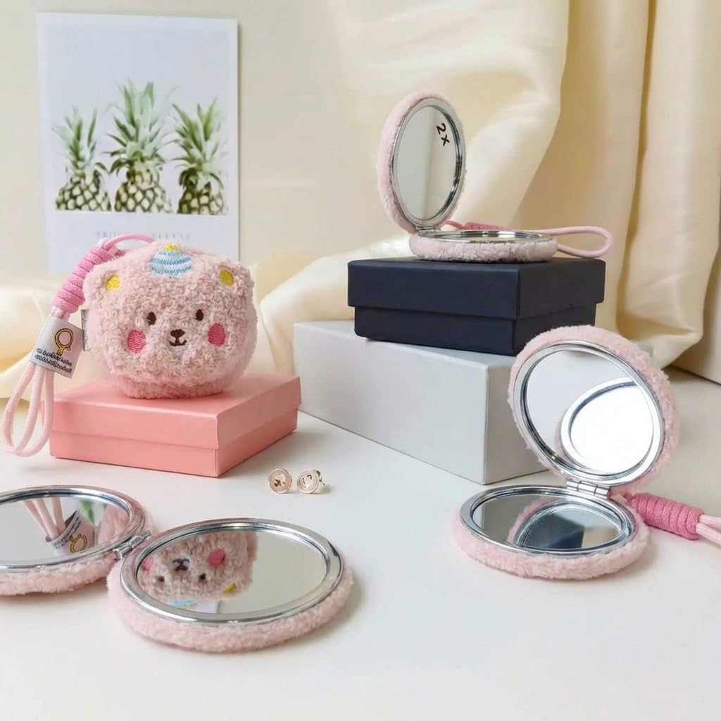 FunBlast Cute Bear Plush Compact Mirror for Girls – Dual Side Portable Pocket Makeup Mirror with Hanging Strap and 1X & 2X Magnification, Lightweight Travel Mirror for Kids, Teens & Women (Pink) 3