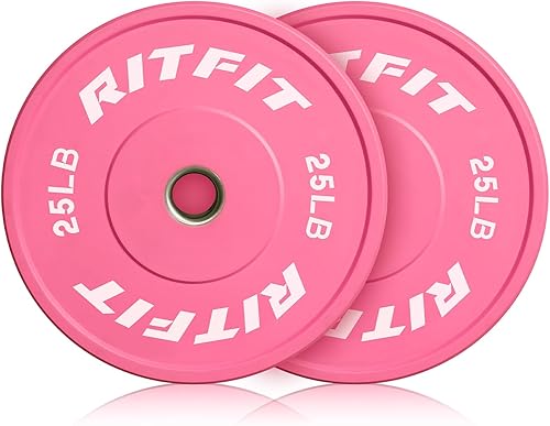 Miniatura 22 de RITFIT Placas de peso rosas, placa de pesas olímpicas de 2 pulgadas, placas de parachoques con inserto de acero, pesas rosas para gimnasio y hogar