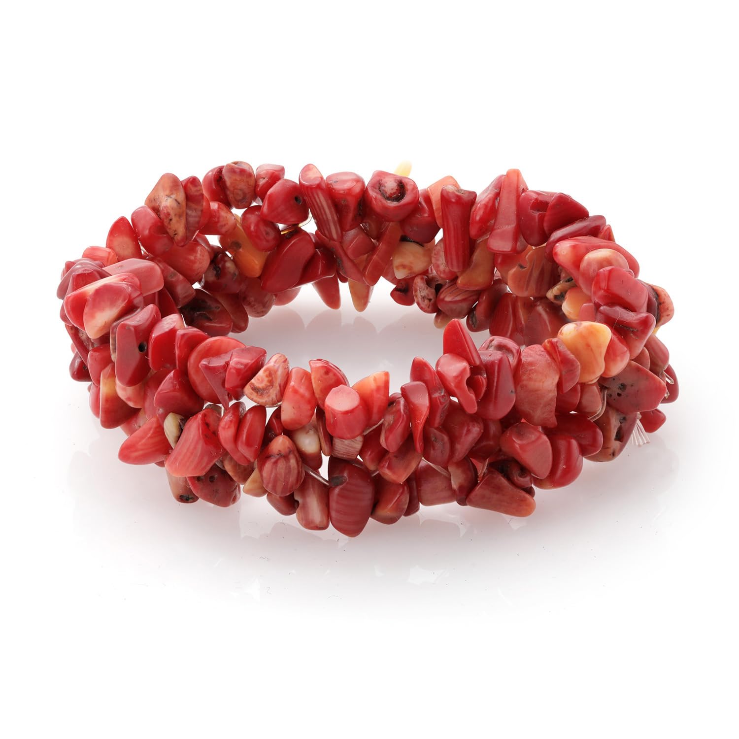 8 Inch Multi Strands Red Simulated Coral Stone Chips Stretch Bangle Bracelet For Women