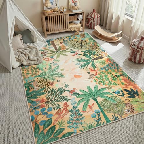 LIVEBOX Boho Jungle Animal Print 5 x 7 Area Rugs for Living Room Soft Yellow Rug for Bedroom Non-Slip Machine Washable Rugs for Dining Room Office Kids Rugs for Playroom Sun Rug for Nursery Room
