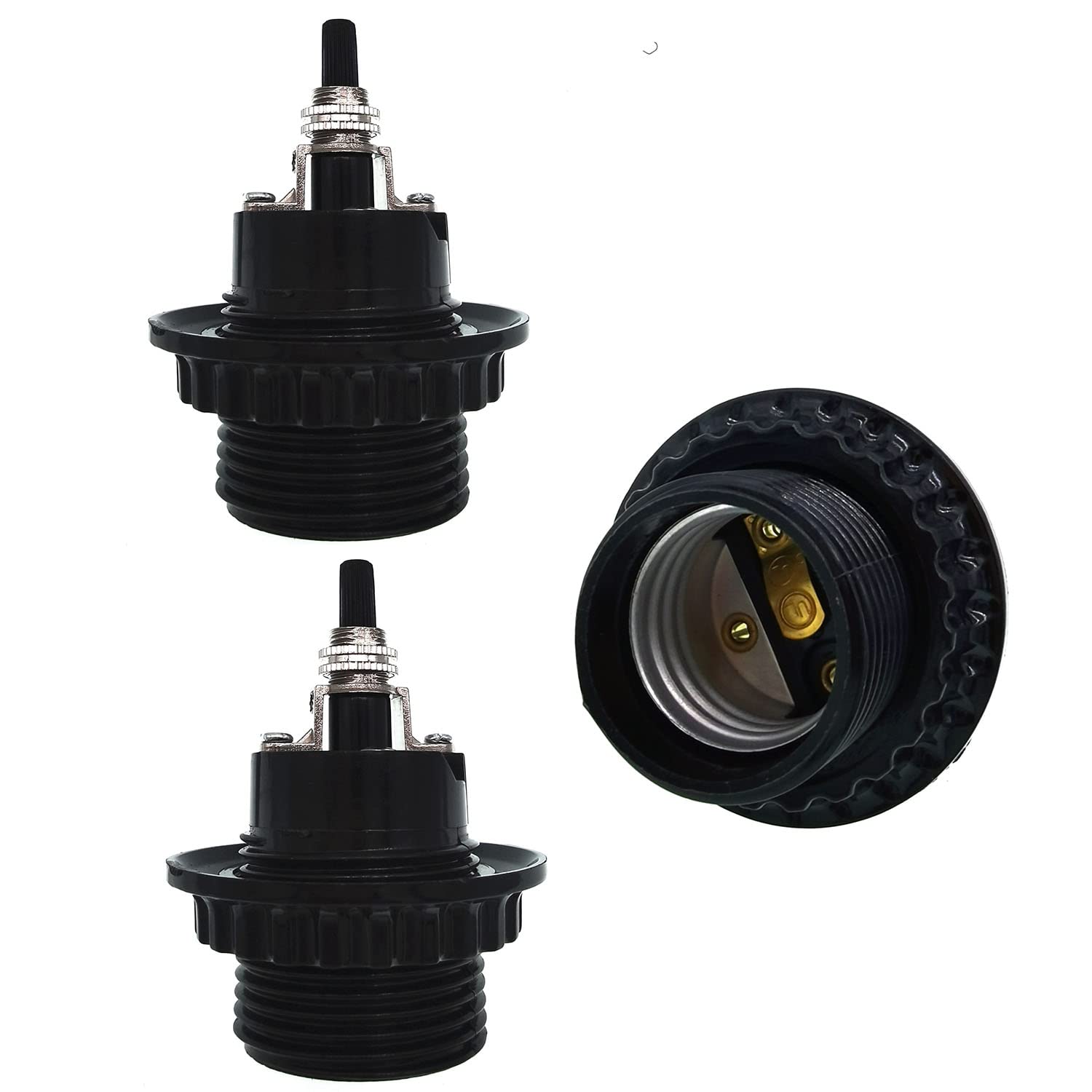 Bottom Turn Knob Socket,3-Pack TWDRTDD E26 Base Threaded Phenolic Bottom Turn Knob Bulb Light Socket with Shade Ring (with Ring)