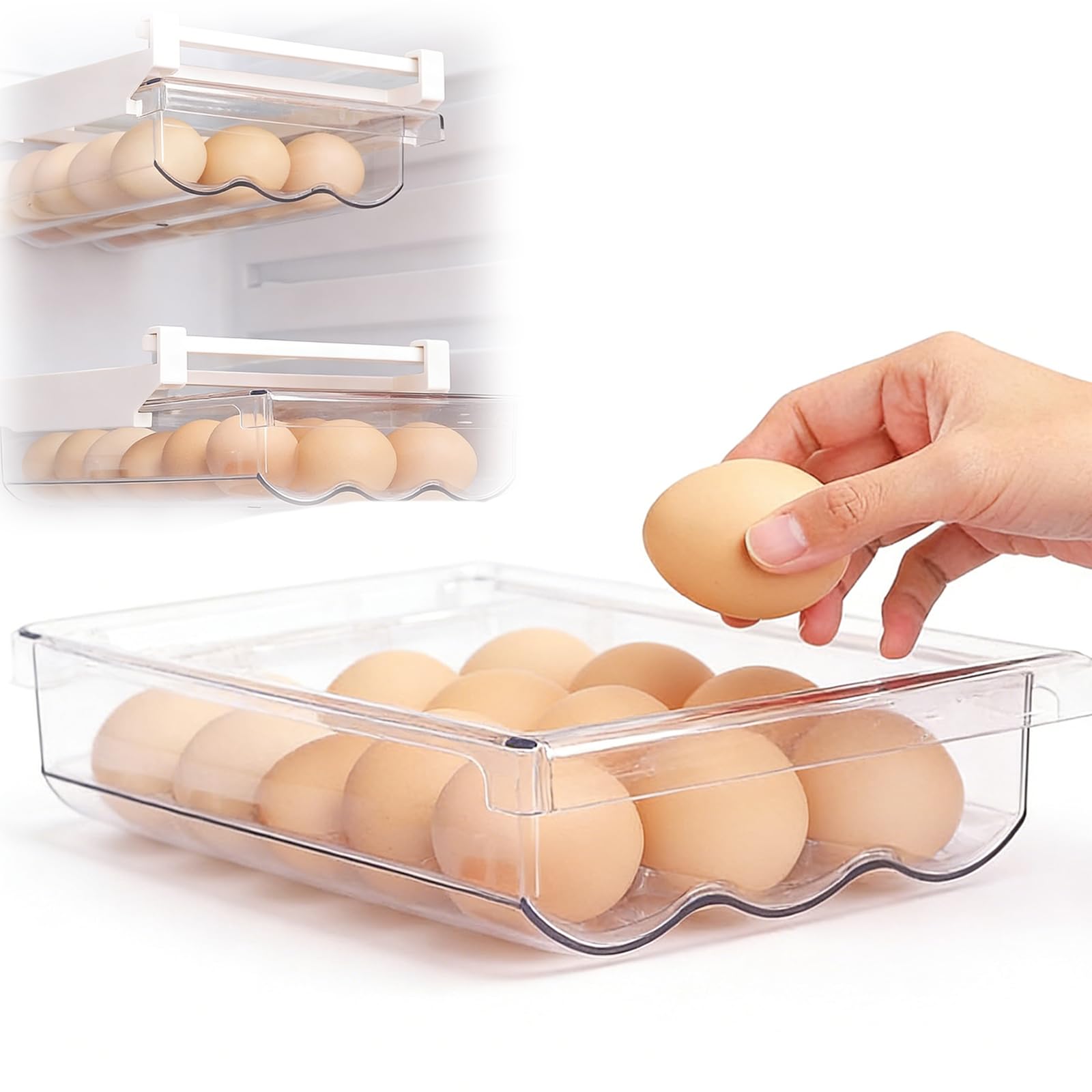 Kühlschrank Organizer, 30,5 x 20 x 8,5 cm, 1 Stück Eierbehälter für Kühlschrank, Ausziehbare Eierschublade, Eierablage, Eierhalter Kühlschranks mit Griff, für Kühlschrankregale, Gefrierschrank, Küche