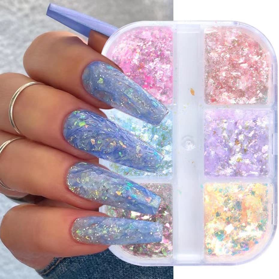 Photo 1 of 6 boxes of mermaid scale nail art sequins iridescent ice slag nail art glitter colorful fluorescent cellophane nail stickers holographic nail art glitter makeup DIY nail art decoration