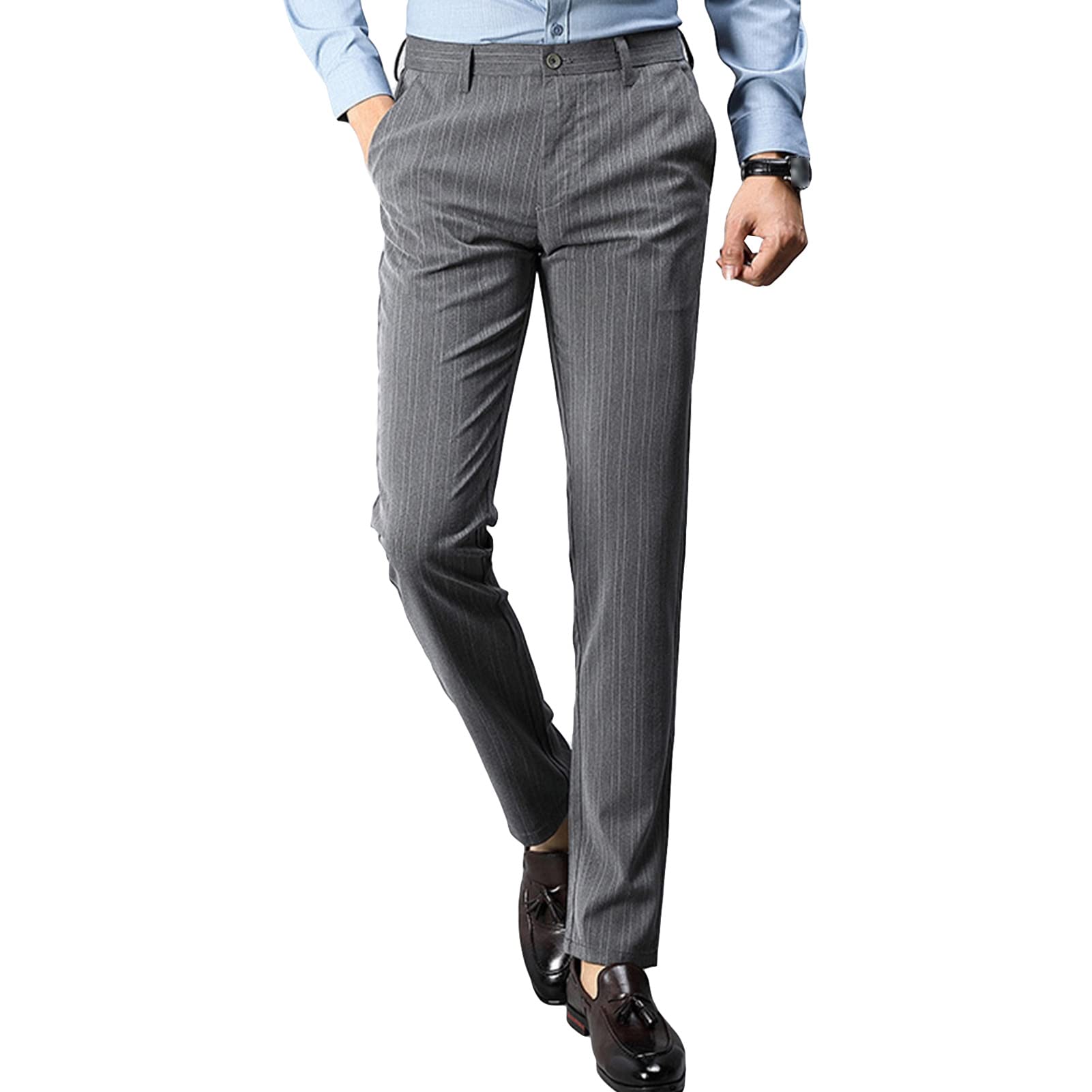 Men's Classic Fit Flat Front Pant Lightweight Wrinkle Resistant Chino Pant Plaid Casual Relaxed-fit Trousers (Grey 1,36)