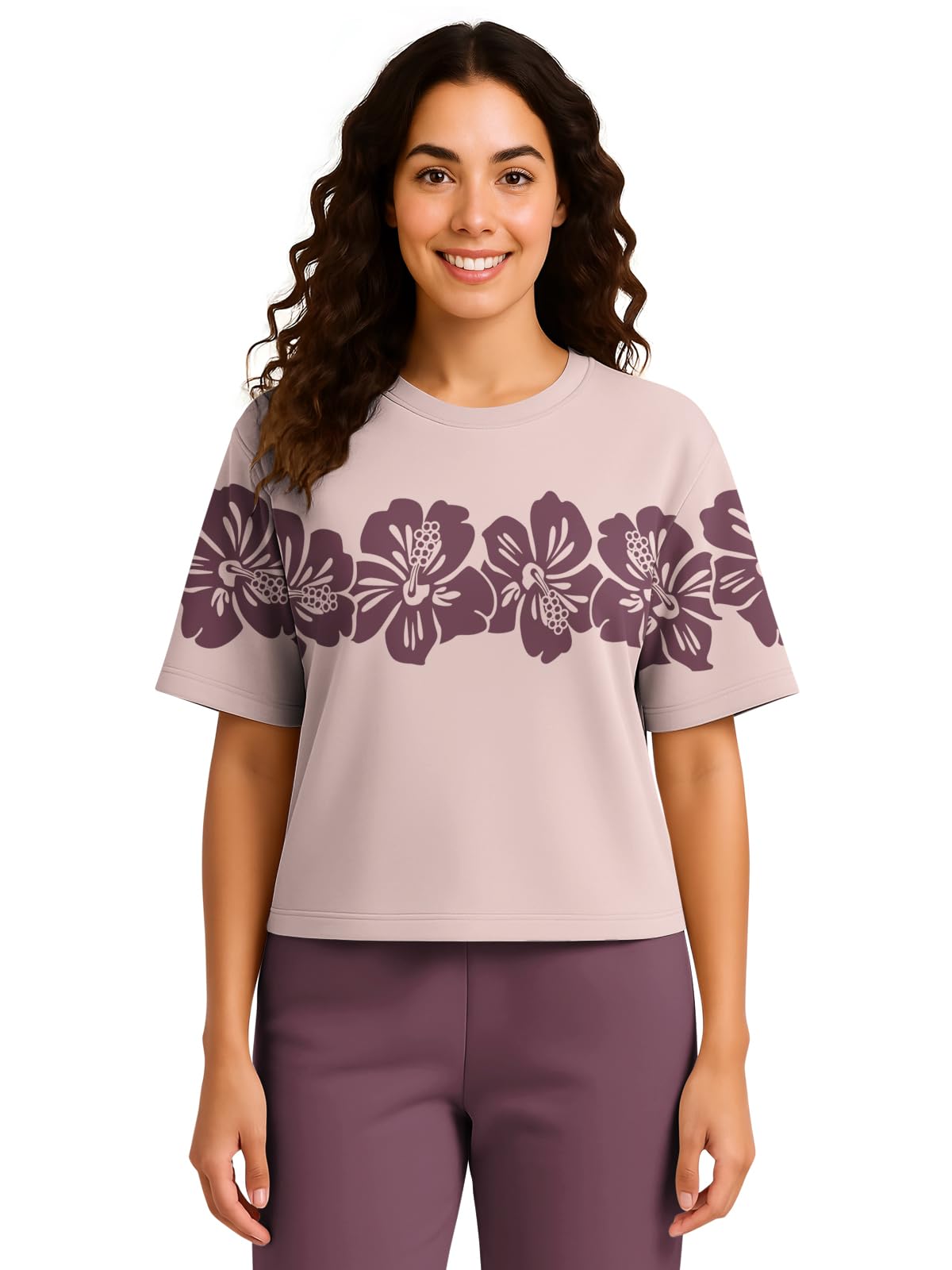 HELLCAT Trendy Printed Oversized Fit Crew-Neck Crop Tshirt for Women_Lavender_Small