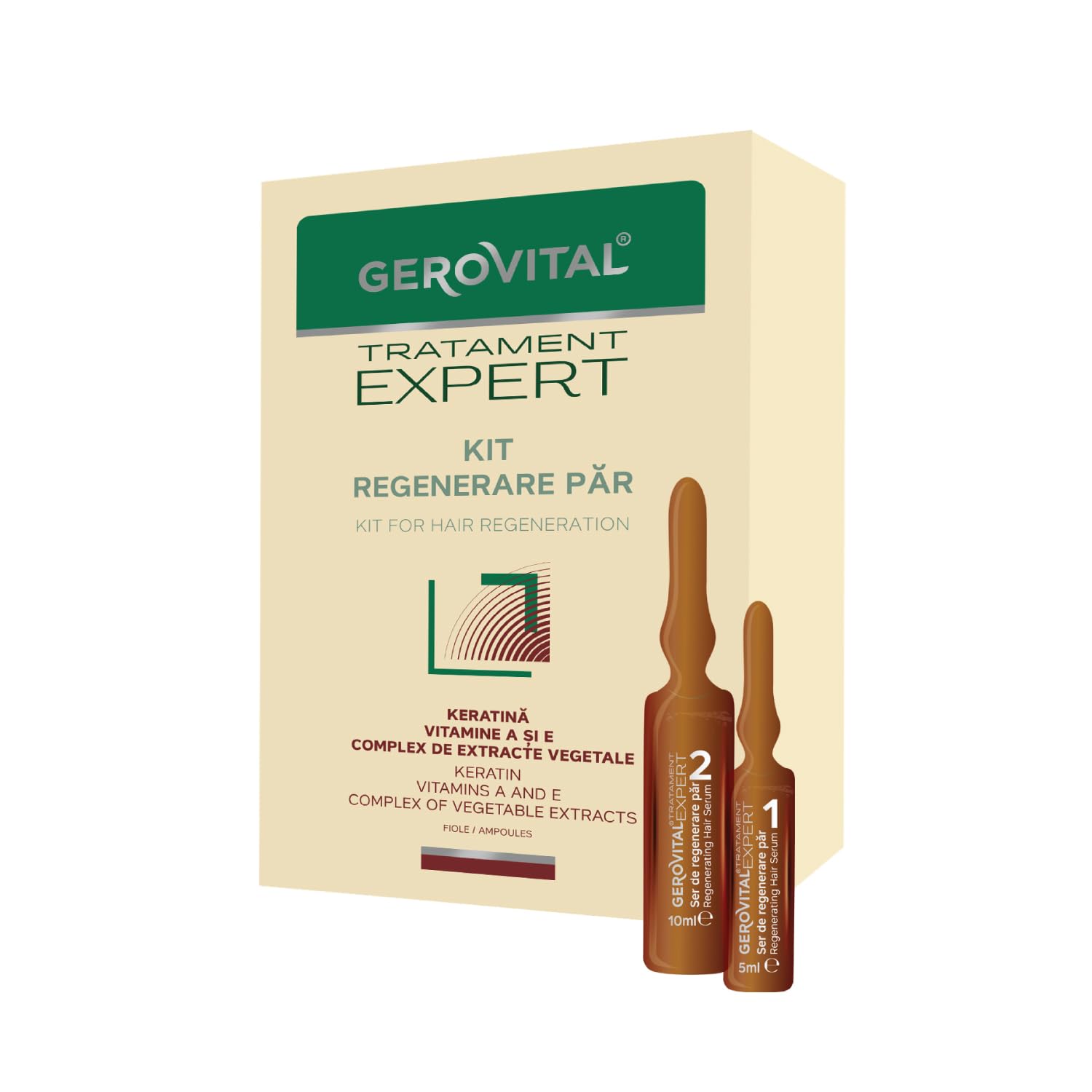 Kit Siero Rigenerante Capelli con Cheratina, Vitamina A ed E, Rinforza, Previene la Caduta, Stimola la Crescita, 10 fiale x 5 ml / 10 fiale x 10 ml, Gerovital Tratament Expert