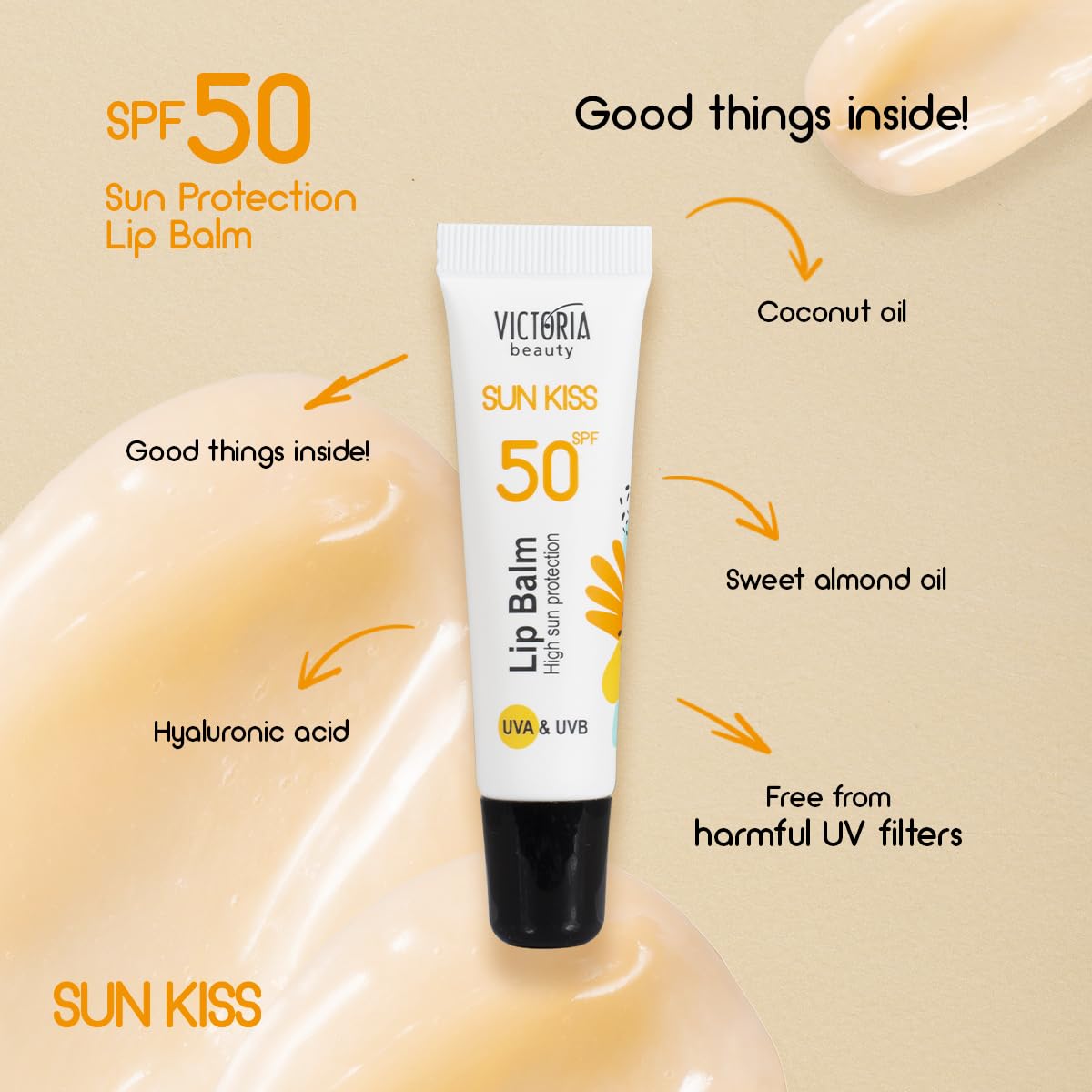 Victoria Beauty Sun Kiss SPF 50 Lip Balm - Lip Sunscreen with Coconut Oil, Sweet Almond Oil, and Hyaluronic Acid, 10ml - Image 3