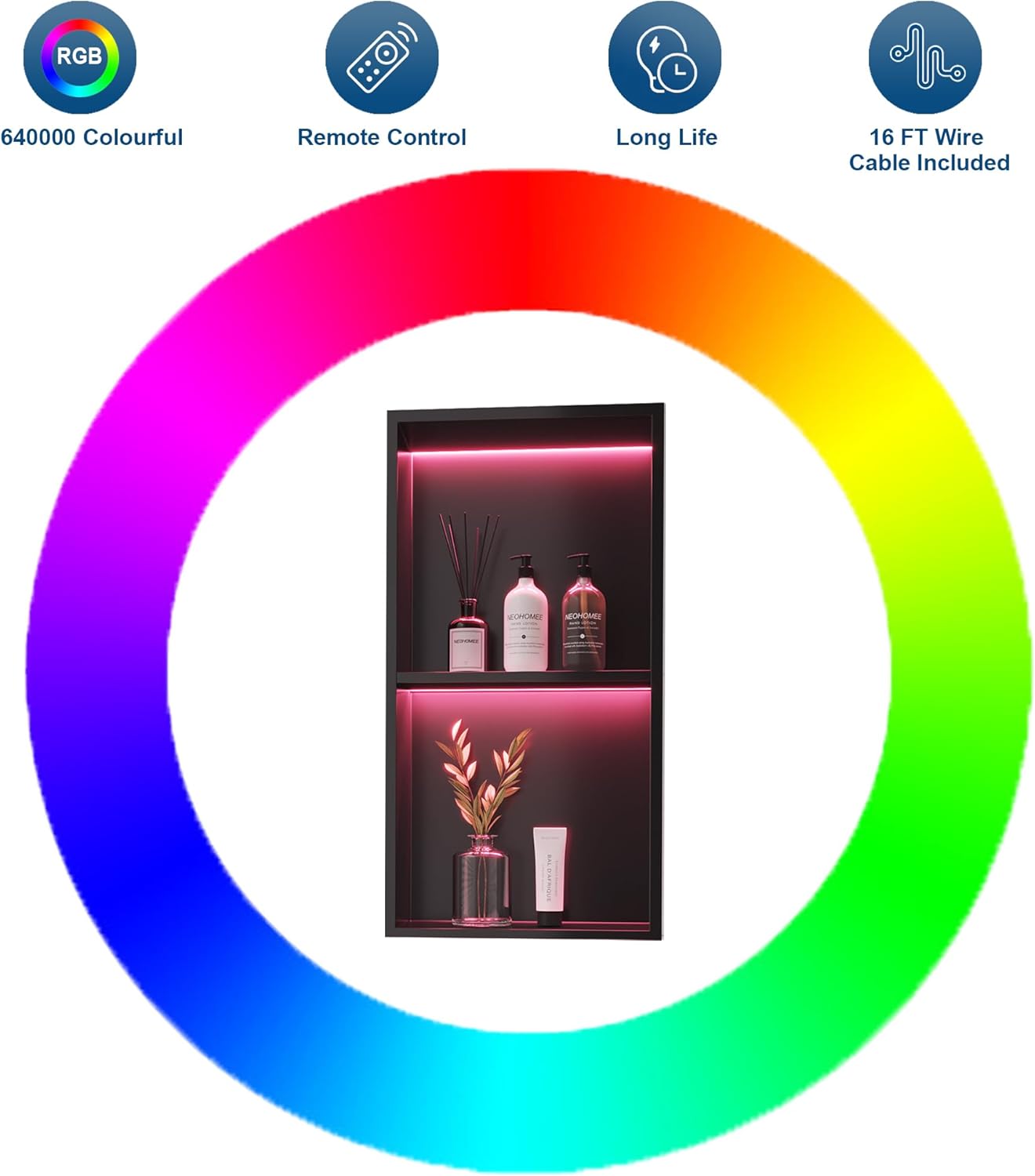 2-Tiers 12x24 Shower Niche, RGB LED Light Strips, Matte Black Wall Cabinet Shlef, Stainless Steel NO Tile Needed Recessed Wall Niche for Bathroom Storage Organizer