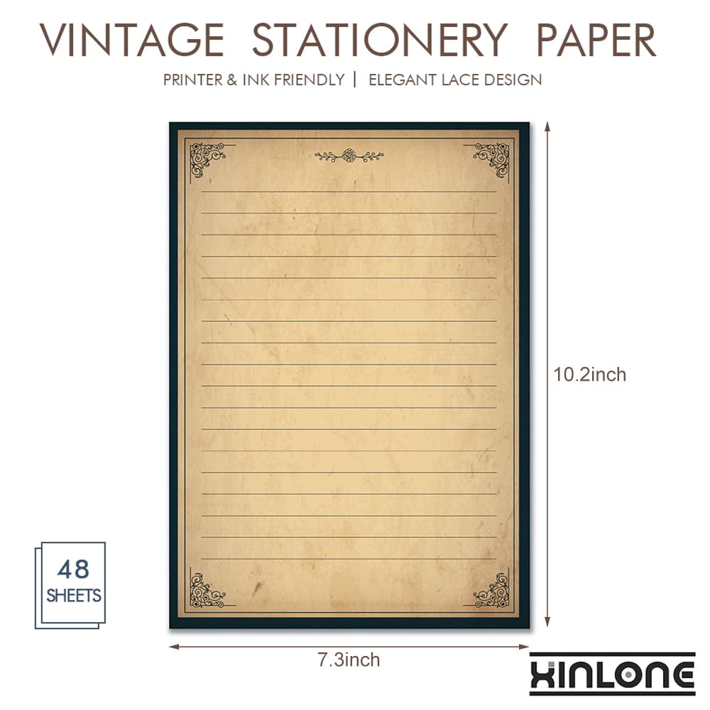 Papel de papelería vintage rayado, 18 x 26 cm, juego de papel y sobres, 48 hojas + 24 sobres, juego de papelería para escribir cartas para todas las ocasiones