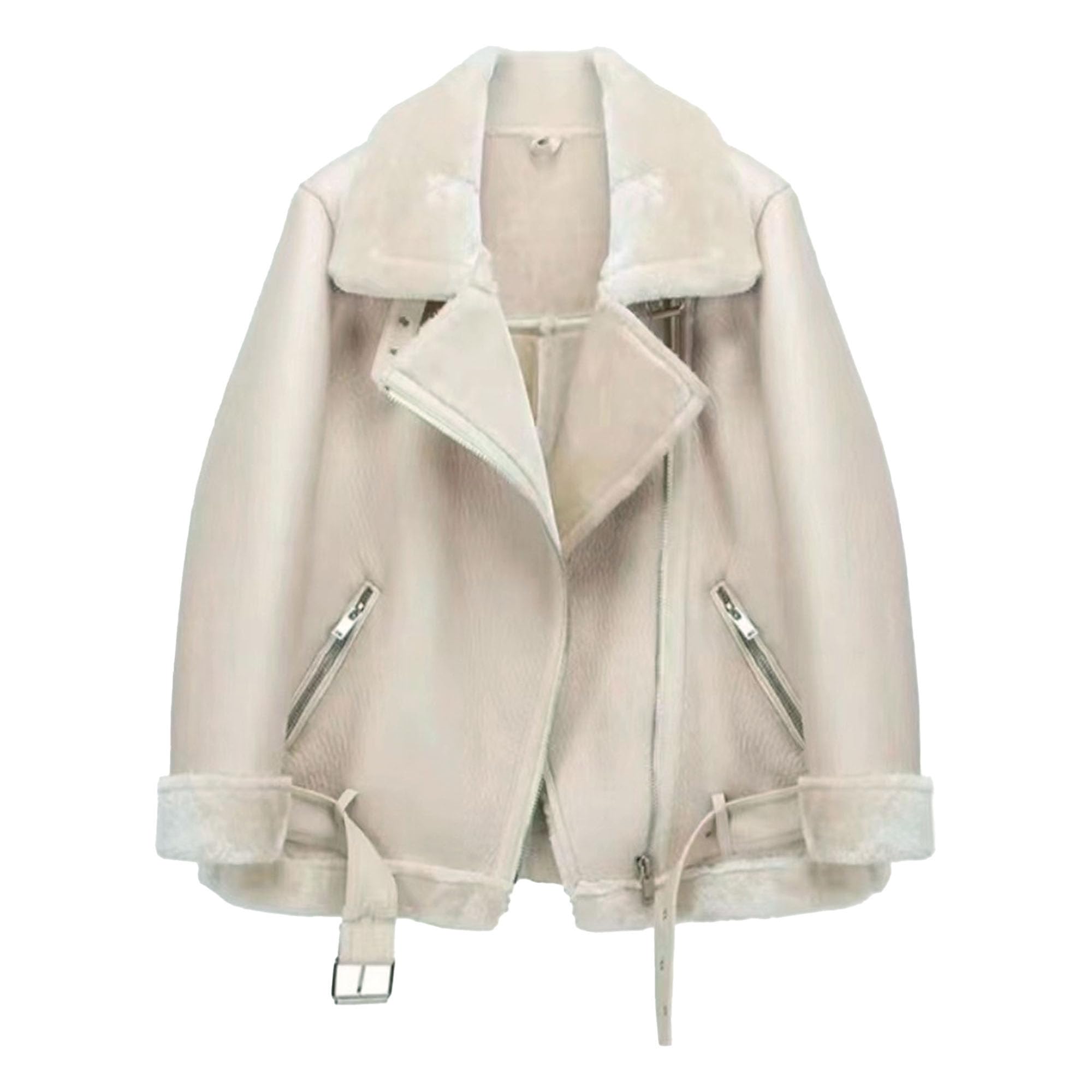 DGKaxiyaHM Abrigo de aviador con forro de invierno para mujer, de piel sintética, cálido, chaqueta de motociclista, ajuste regular, ropa de abrigo con cinturón, beige, S