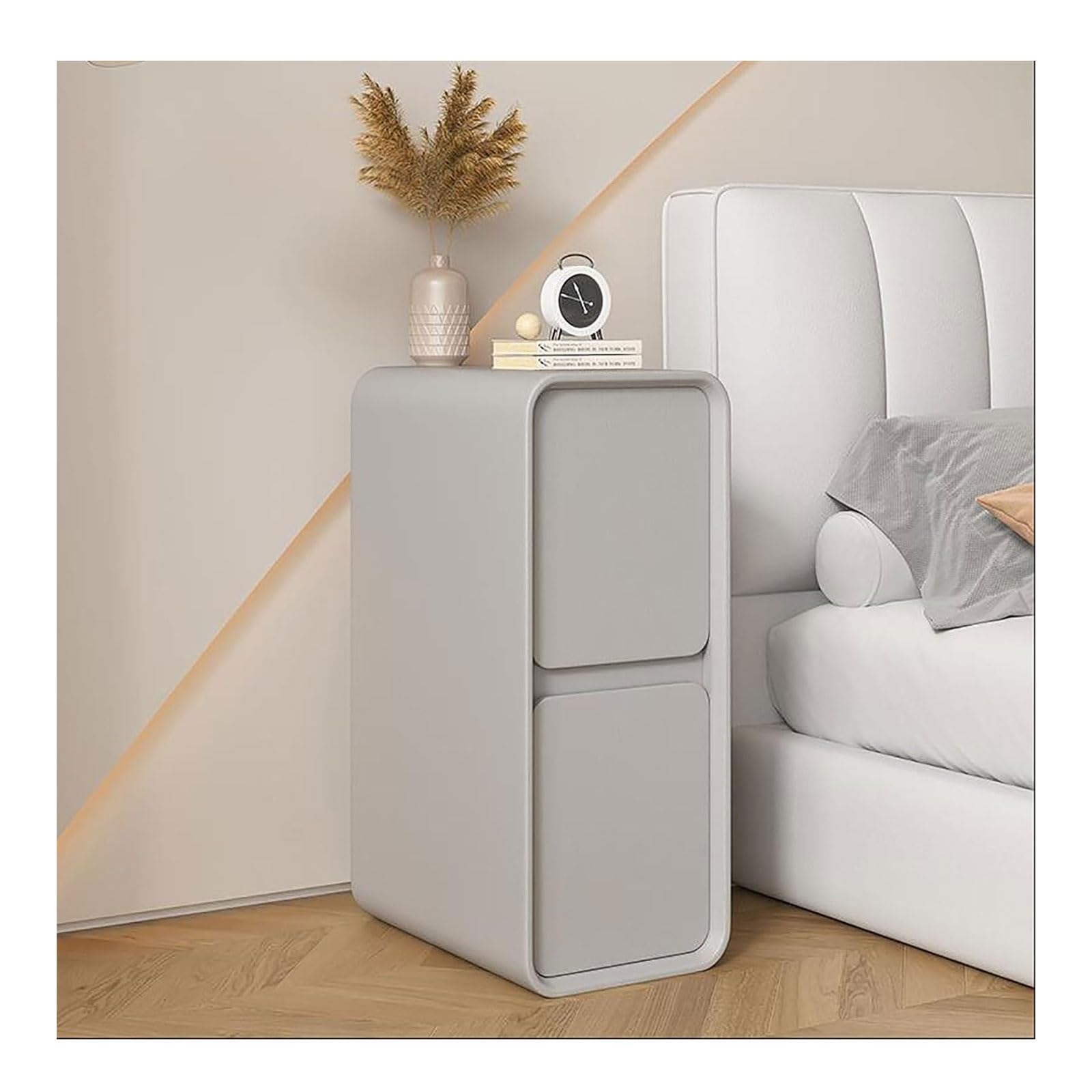 Extra Narrow w/2 Solid Wood Drawers Modern Small Slim Bedside Table Sofa Locker End for Bedroom Living Room Dorm, 25x40x50CM, Light Grey