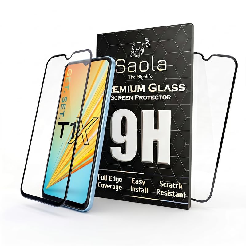 Image of Saola HD+ Oleophobic Tempered Glass Screen Protector For Vivo T1x (Pack Of 2) with Free Installation Kit. Full screen Coverage - 6.58 inch