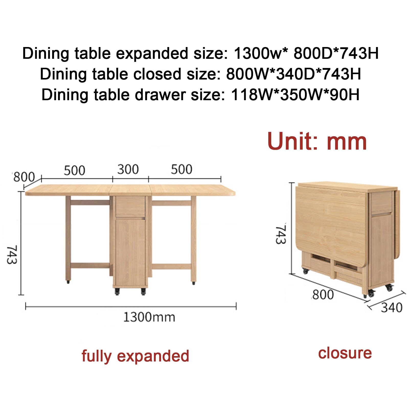 Tavolo da pranzo allungabile, tavolo da cucina pieghevole in legno massello, cassetti e rotelle, design mobile per un facile utilizzo, perfetto per piccoli spazi, 6-8 posti