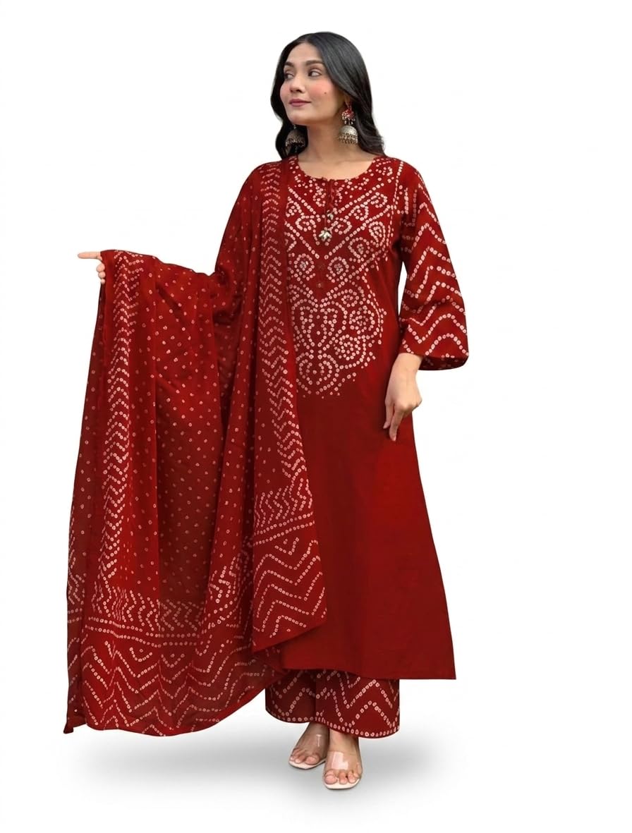Women's Bandhani Print Kurta Pant Set, Pink, Cotton, Traditional Indian Style with Dupatta-image-1