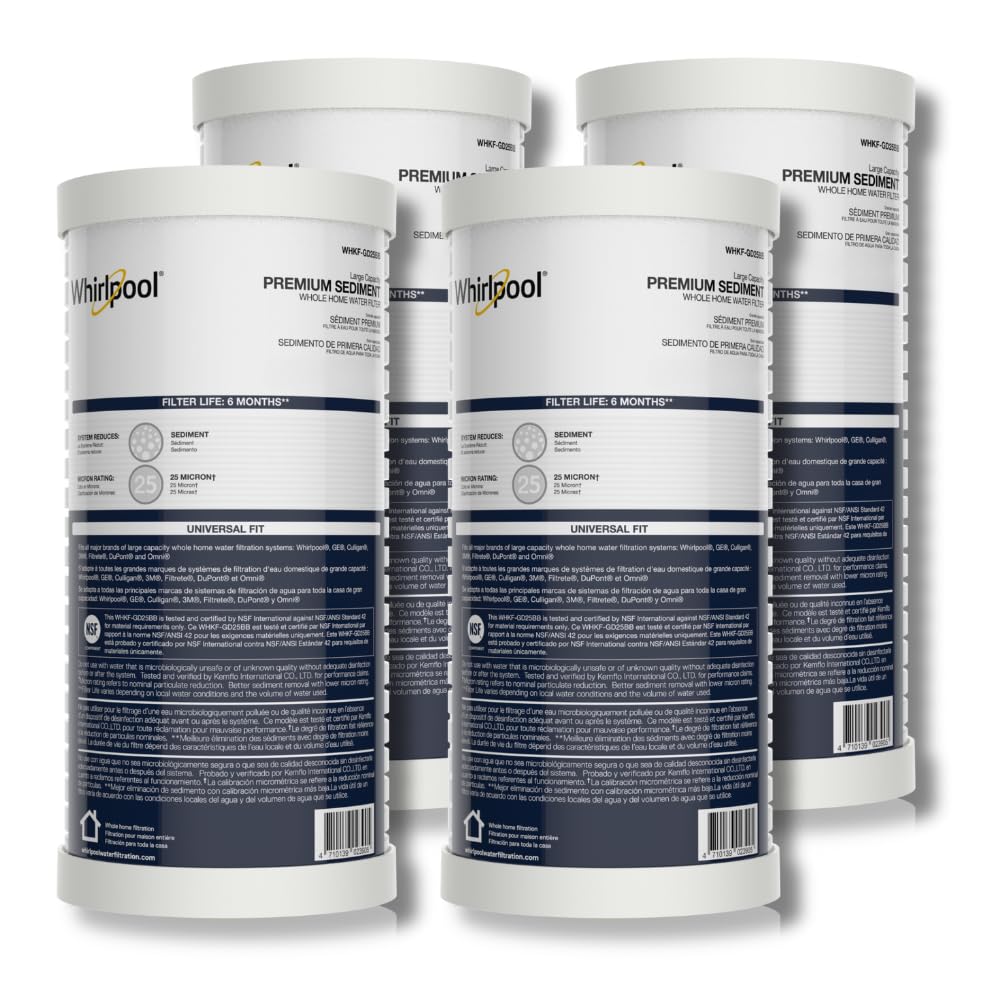 Whirlpool Lot de 4 filtres à sédiments de grande capacité WHKF-GD25BB pour toute la maison, filtration certifiée NSF de 25 microns, cartouche de rechange compatible avec la plupart des boîtiers de