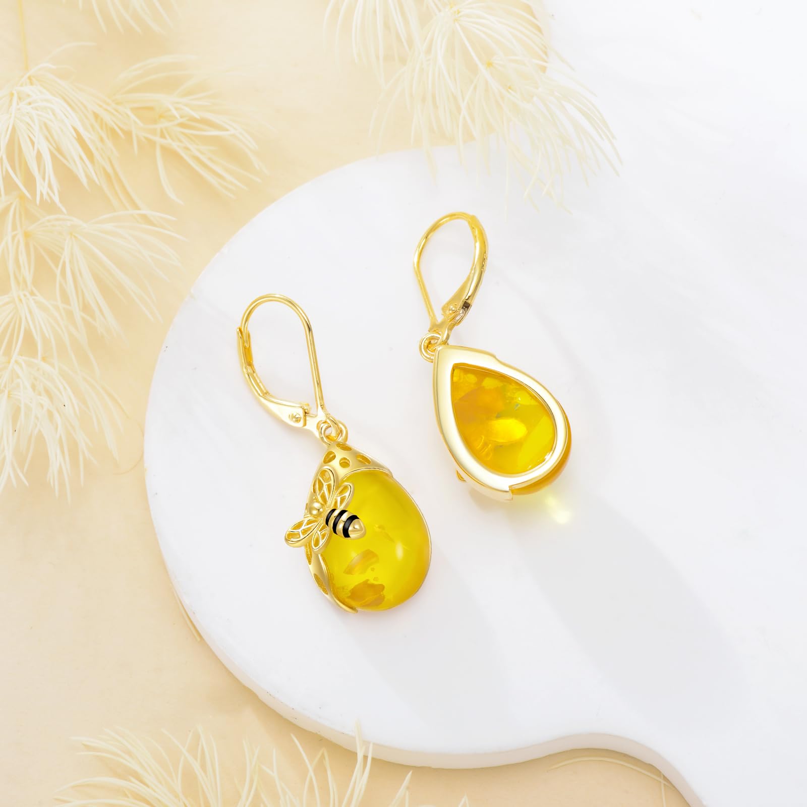 VONALA Orecchini in ambra a goccia, design ape e nido d'ape, argento sterling 925, senza nichel e senza piombo, ideali per abbigliamento casual o formale, perfetti come regalo per ogni occasione