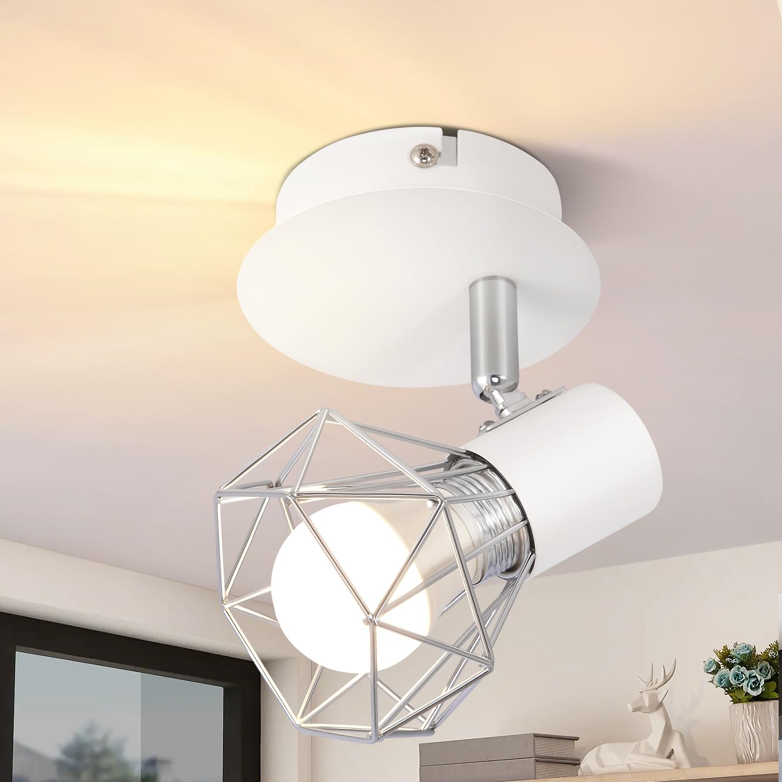 Glitzerlife Vintage White Ceiling Spotlight - E14 Adjustable 350° Retro Metal Lamp Shade, 1 Bulb for Bedroom, Study, Hallway, Bar, Dining Room, Hotel - Max. 40 W — image 1