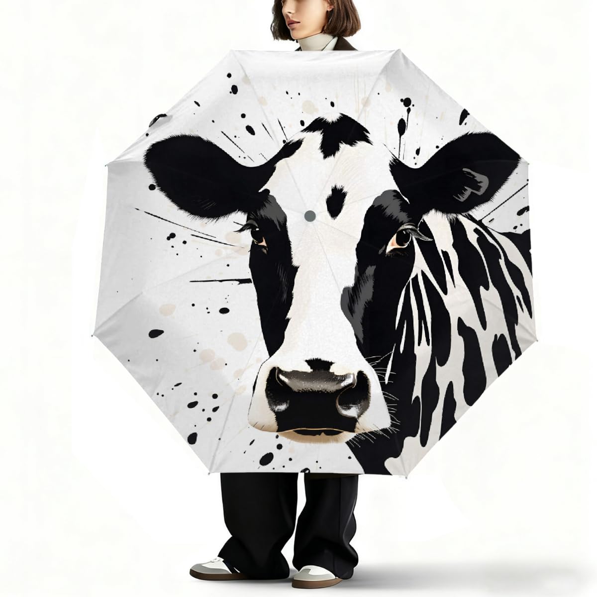 Ombrello da viaggio pieghevole in stile astratto con mucca, ombrello compatto antivento impermeabile con protezione UV rivestimento nero leggero 8 coste portatile per pioggia sole