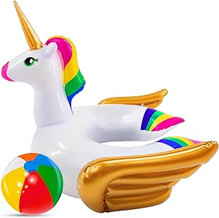 Paquete de 2 flotadores de pileta para niños, flotadores de unicornio y pelota de playa, 3-8 años | Paseo inflable del anillo de la natación, juguetes de la pileta del verano, para la fiesta de verano de los niños de las niñas pequeñas