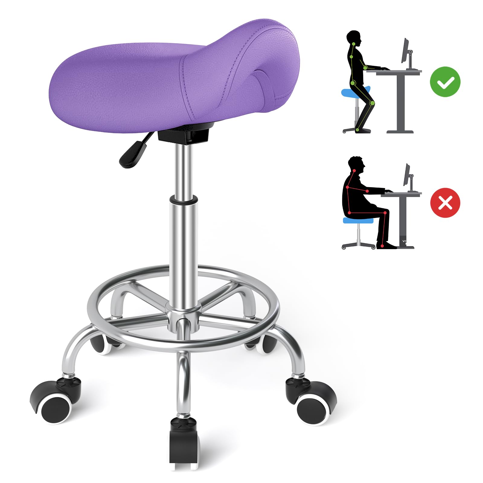 YEEZEE Saddle Stool Ergonomic, Saddle Chair with Wheels, Purple