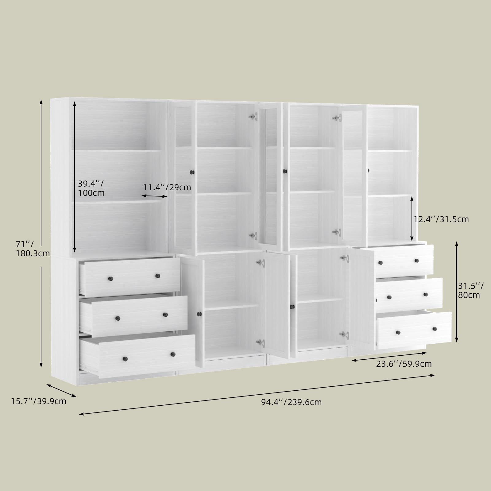 VOWNER Estantería con Puertas, 180 cm Vitrina de Cristal, Librería de 6 Niveles con Puertas y Armario, Vitrina Salón, Aparador Comedor, Aparador Cocina, Estantería Oficina, Baab (Blanco)