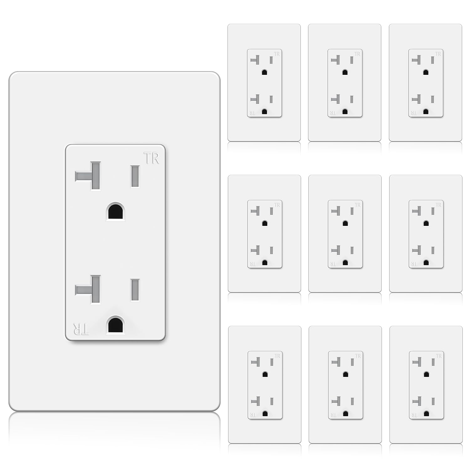 BESTTEN 10 Pack 20 Amp Receptacle Outlet with Tamper Resistant, Screwless Wallplate Included, 20A/125V/2500W, UL Listed, White