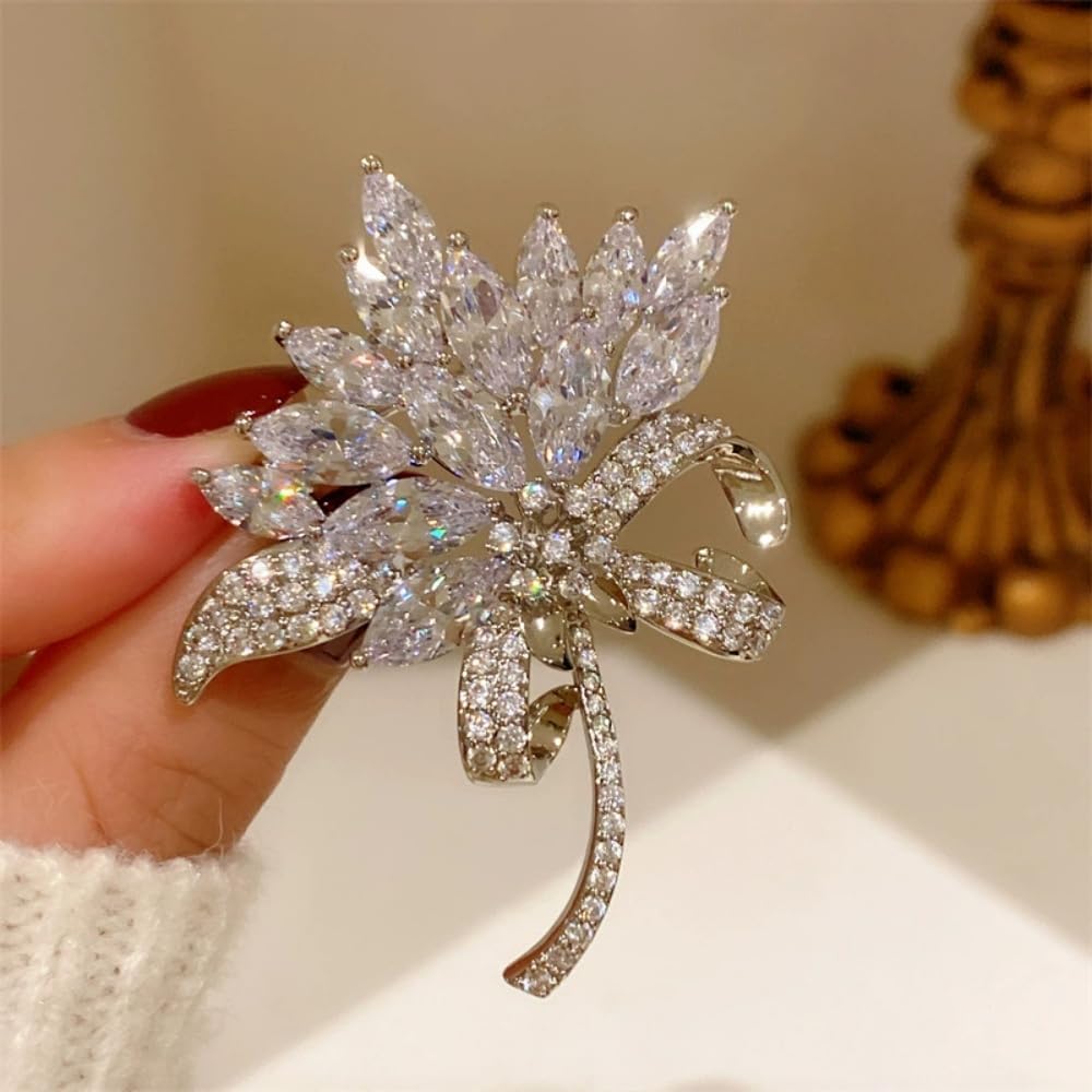 Lady's Flower Marquise Rhinestone Brooch Wedding Corsage for Women Unisex Fashion Austrian Crystal Cluster Ribbon Bow Bouquet Brooches Pins Elegant Art Deco Dress Accessories Jewelry image 4