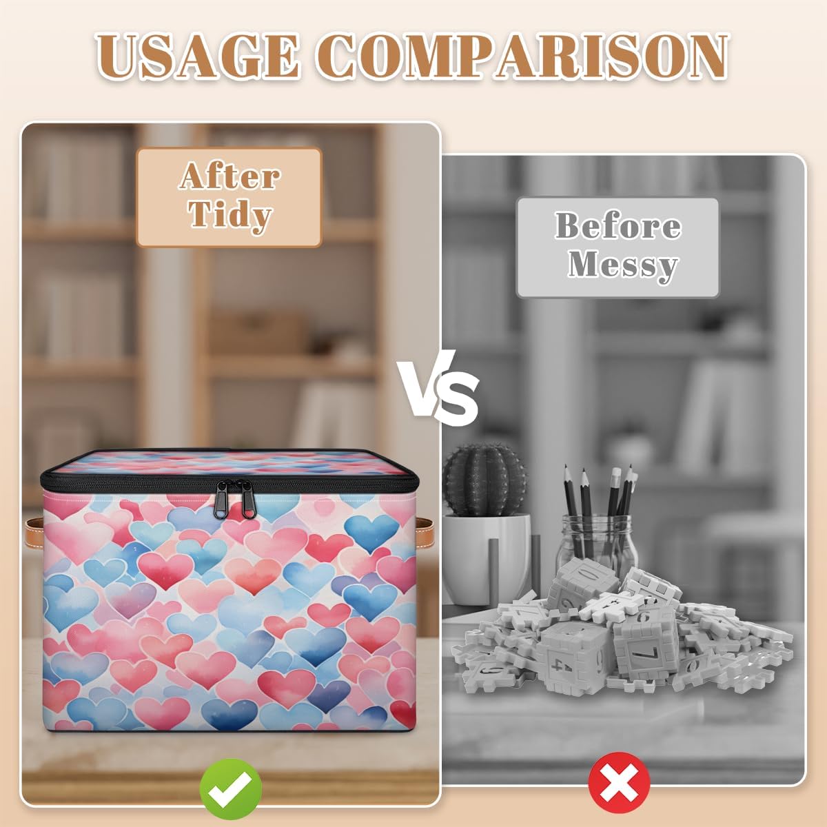 Storage Bin Set of 2 Love Heart Storage Basket with Zipper Lid & Handle Foldable Closet Shelf 2 Pack Cloth Organizer Basket Cube Bins Clothes Organizer for Bedroom, Nursery