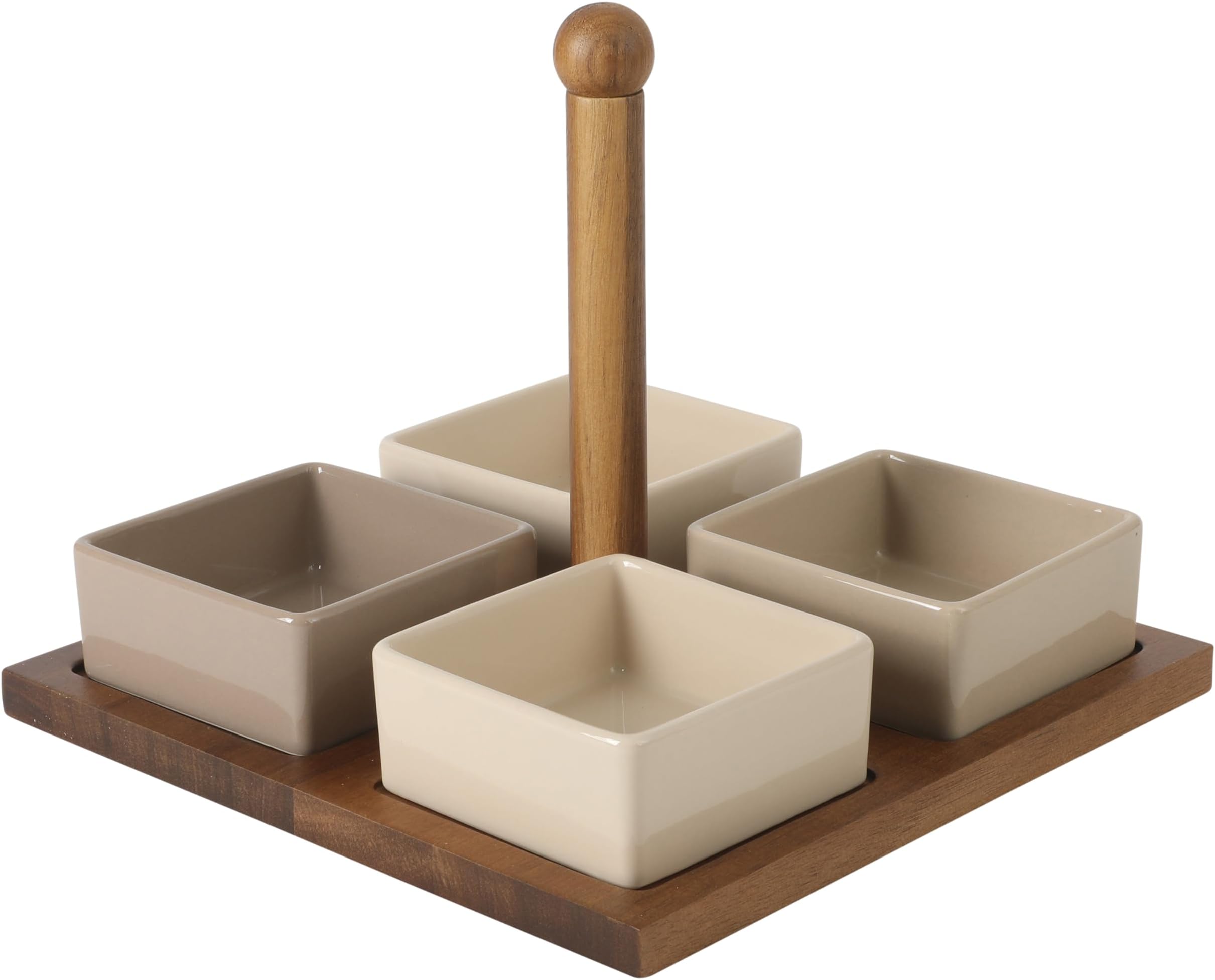 4-Piece Stoneware Tidbit, Condiment & Dip Dish Set with Acacia Wood Tray – Taupe Square Appetizer, Snack, Topping & Entertaining Server