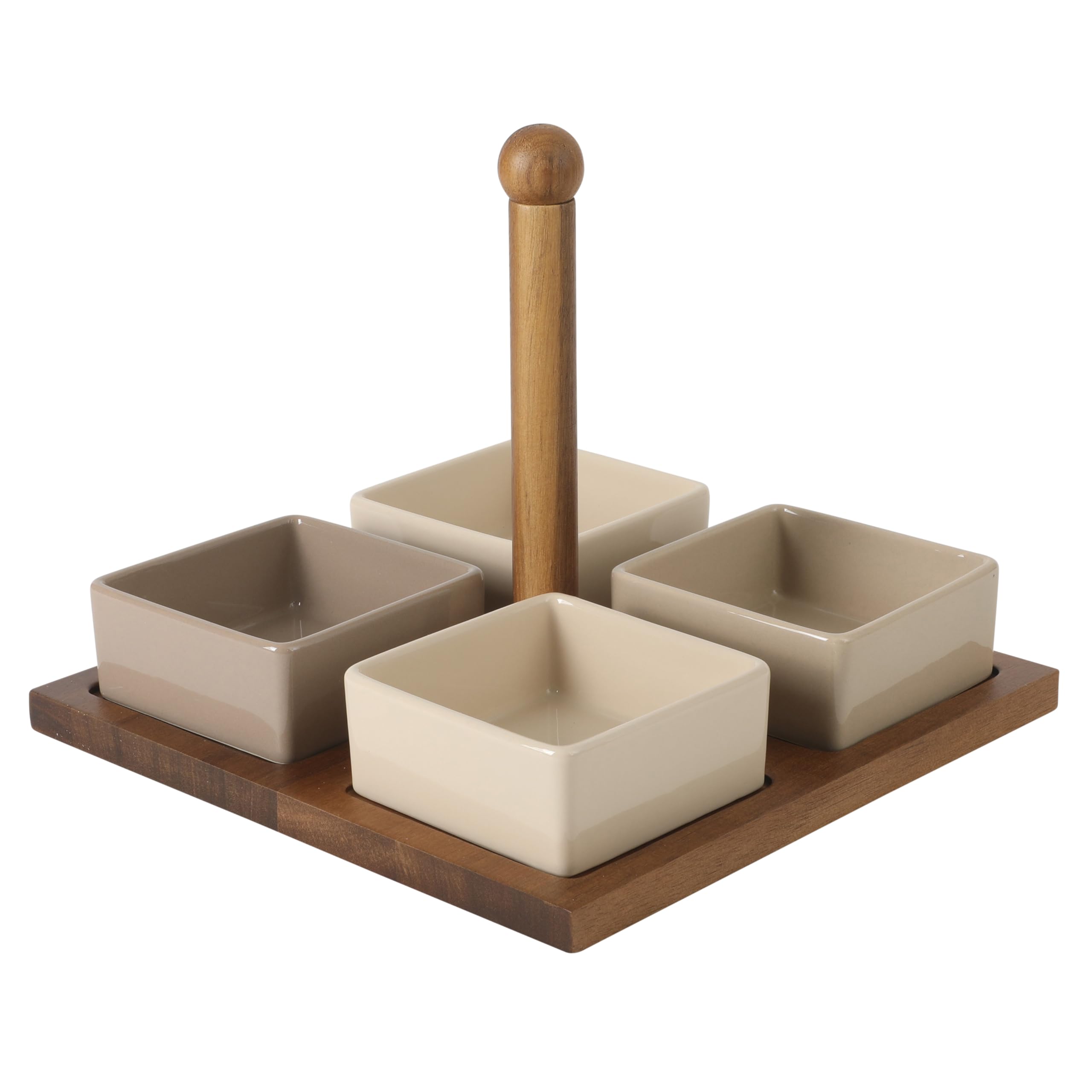 4-Piece Stoneware Tidbit, Condiment & Dip Dish Set with Acacia Wood Tray – Taupe Square Appetizer, Snack, Topping & Entertaining Server