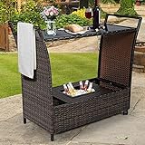 BOYIDAI Outdoor Wicker Bar Cart with Removable Ice Bucket, Patio Wine Serving Cart, Rolling Rattan Beverage Bar Counter Table for Porch Backyard Garden Poolside Party