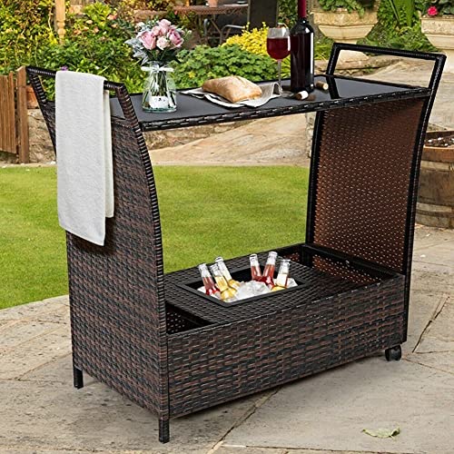 BOYIDAI Outdoor Wicker Bar Cart with Removable Ice Bucket, Patio Wine Serving Cart, Rolling Rattan Beverage Bar Counter Table for Porch Backyard Garden Poolside Party