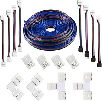 FSJEE 5PIN RGBW LED Strip Connector Kit - 12mm Wide Connectors With 16.4FT Cable For 5050 LED Lights